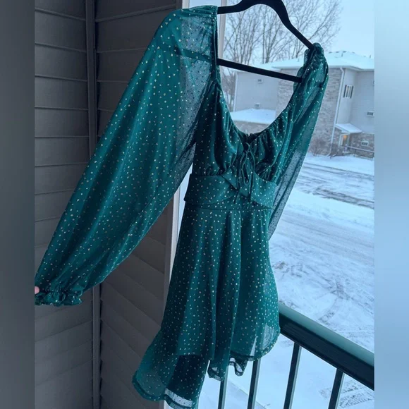 🆕 ✨ Midnight Doll Green Gold Dotted Mini Dress M Tie Party Holiday Chic Size M - Picture 5 of 15